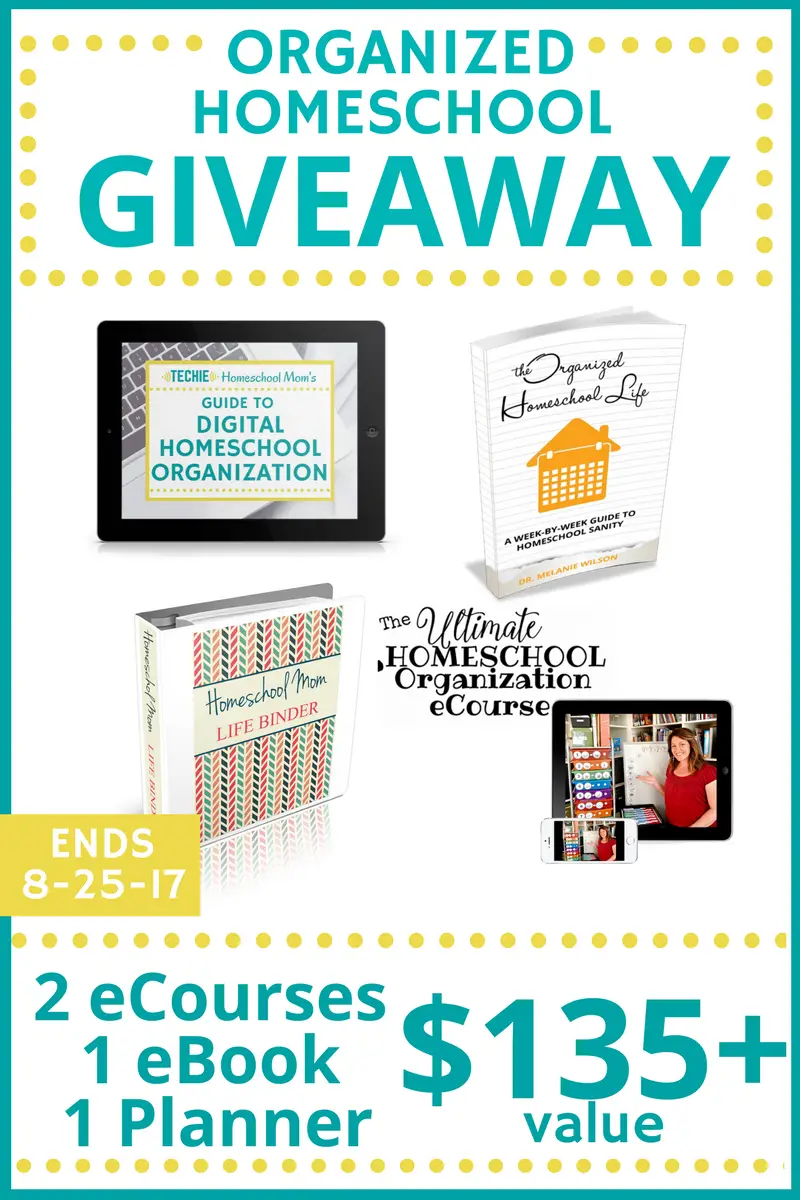 Organized Homeschool Giveaway. Tons of tips and resources for organizing your homeschool. Enter to win through August 25, 2017.