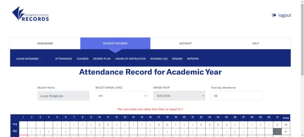 homeschool attendance tracker